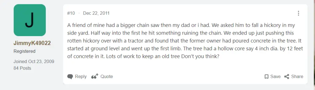 A chainsaw user sharing his experience with hidden nails and screws that were burred in wood.