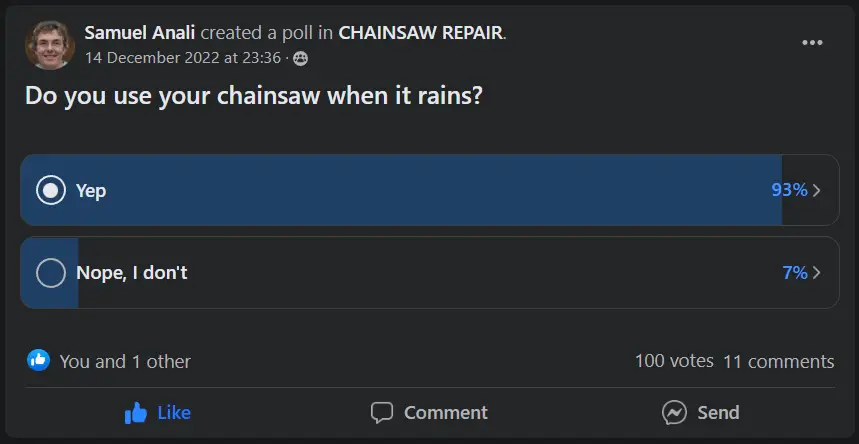 93% chainsaw users use their chainsaws in the rain.
