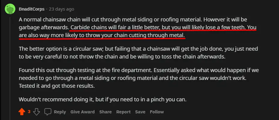 A professional firefighter's opinion on using a chainsaw to cut metal.