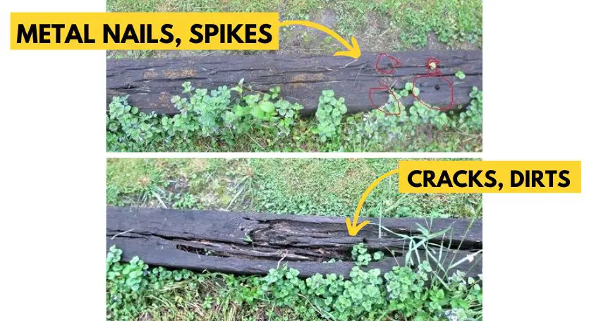 metal nails, spikes, cracks and dirt in railroad ties