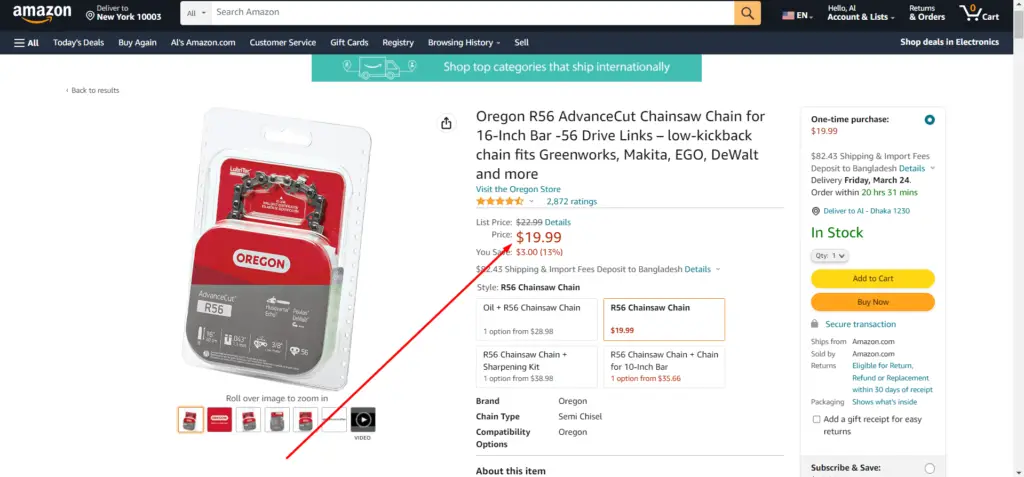 Price of a 16" Oregon chainsaw chain on Amazon.