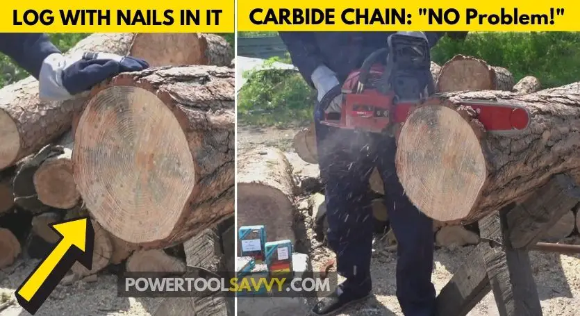 chainsaw with carbide chain cutting through nails embedded in log.