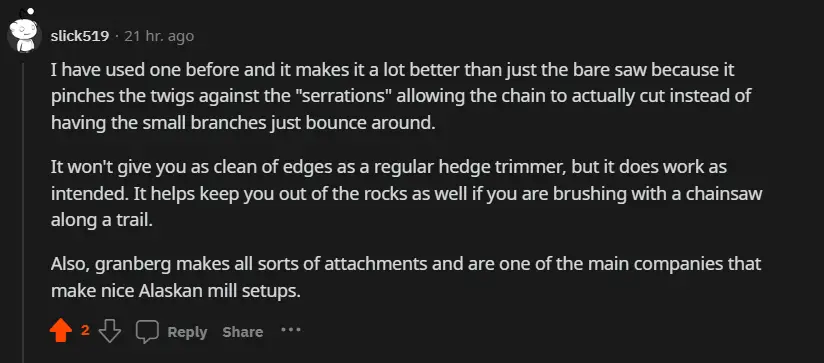 One of our Reddit Community Members' comment on using a hedge trimming attachment for chainsaws.