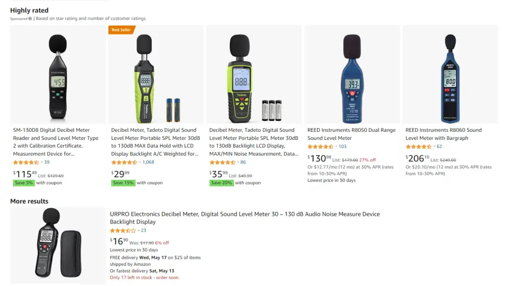 price of sound meter devices on Amazon.